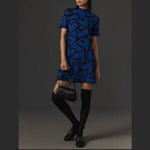 Anthropologie The Nina Short-Sleeve Mock-Neck Mod Mini Dress Blue Heart Motif XS